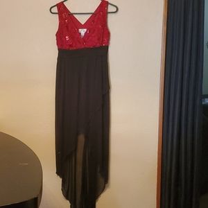 red sequin rose and black bottom and trail